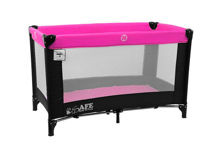 (x6 Units) iSafe Rest & Play Luxury Travel Cot/Playpen - Raspberry (Black/Pink) 120 cm x 60 cm